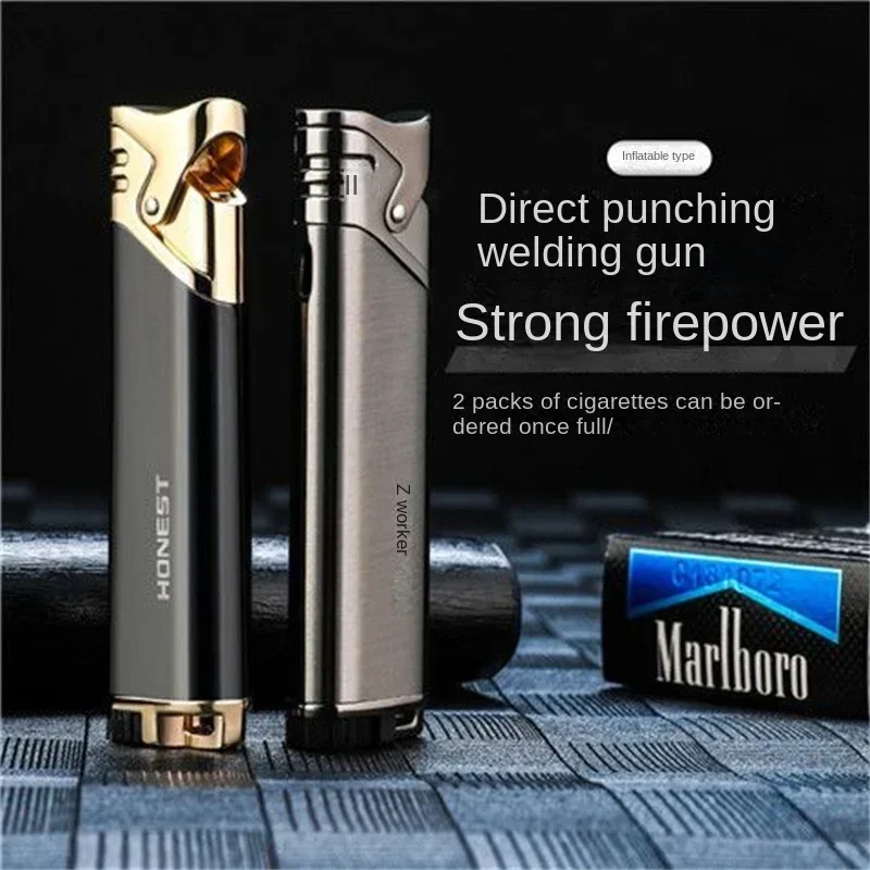 Neue Metall Ultra Dünne Schlanke Jet Taschenlampe Gerade Gas Aufgeladen Winddicht Aufblasbare Butan Feuerzeug Metall Blaue Flamme Mode Geschenk