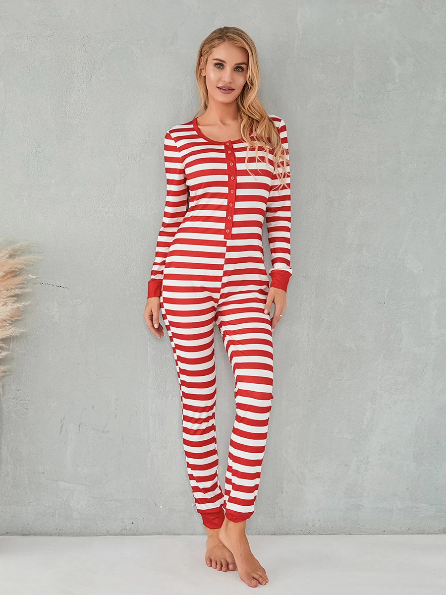 Woman s Christmas Stripe  Pajamas Sexy Round Neck Long Sleeve Slim Elastic Jumpsuit Daily Life and Holiday