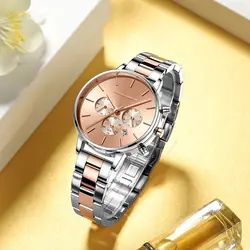 Mode Frauen Uhr Einfache Stil Multifunktionale Zifferblatt Kalender Edelstahl Wasserdicht Luxus Quarz TOP Damen Armbanduhr