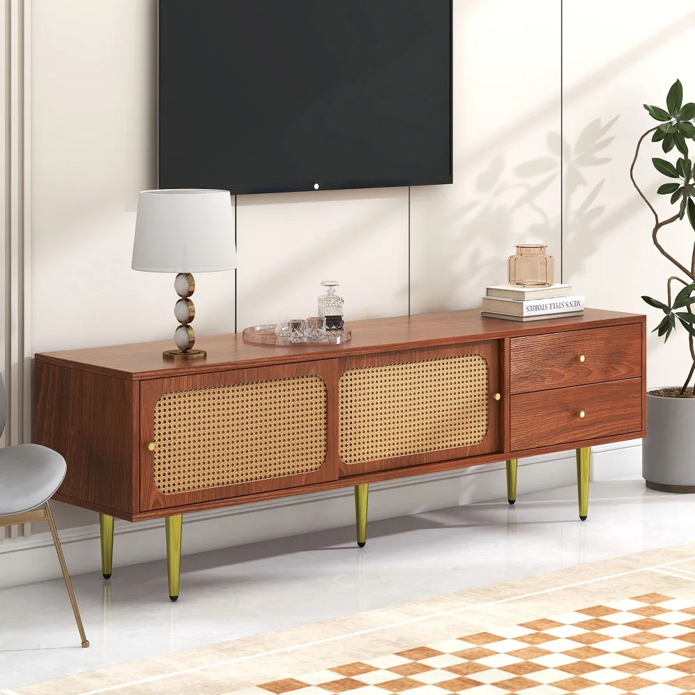 Moderner TV-Ständer mit Rattan-Schiebetüren, praktischer Stauraum, dunkles Rattan-Design aus Walnussholz – Detail 1