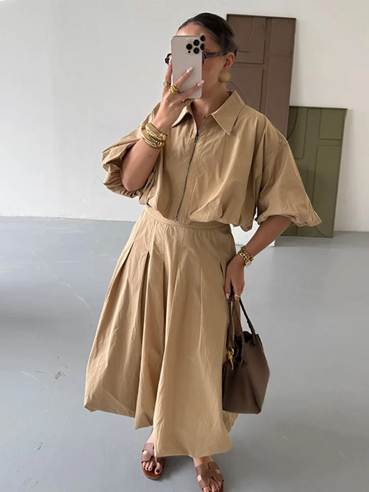 HH Women Autumn Skirt Suit Fashion Three-quarter Sleeves Lapel Zipper Coat Top+Chic Pleated Lantern Flower Bud Slim Skirt