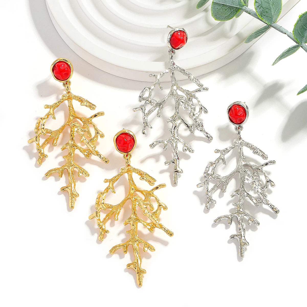 Girlgo 2025 جديد ZAA 2 قطعة أقراط حجر المرجان المرجان قطرة استرخى أقراط الصدأ برهان معدن الذهب اللون موضة شخصية مجوهرات #3