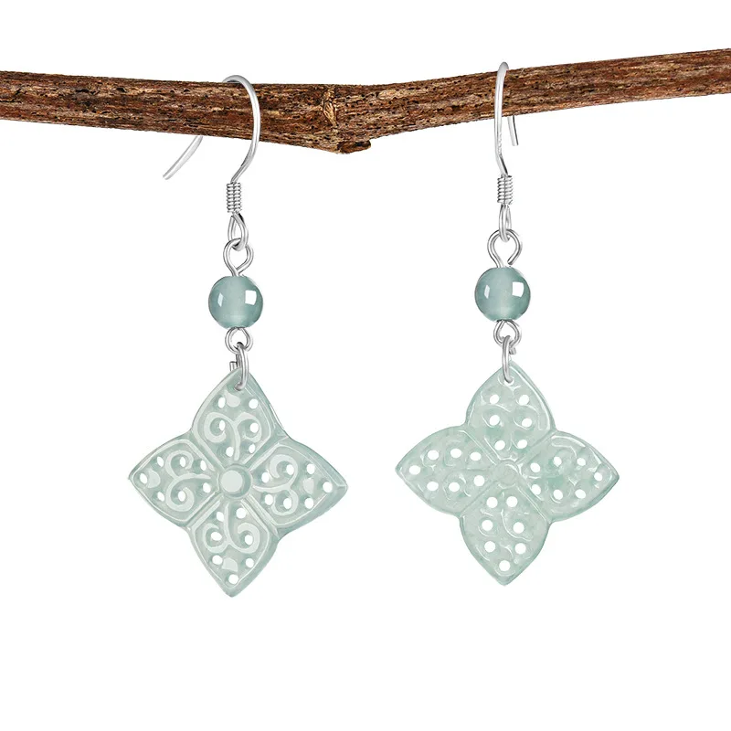 

High-Grade Natural A-Gold Jade Blue Water Openwork Carved Earrings S925 Silver Ice Jade Fashionable Women's Earrings