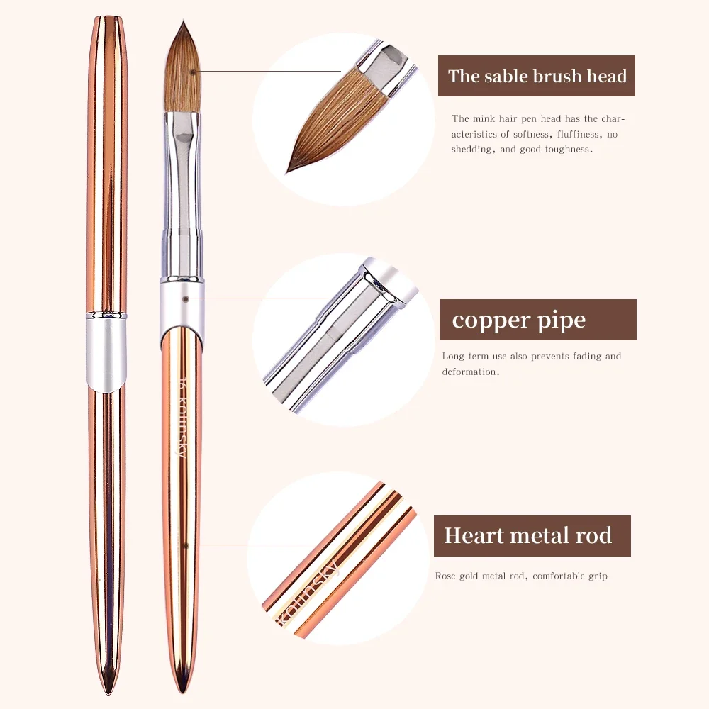최고 품질 Kolinsky 아크릴 네일 브러쉬 네일 살롱 100% 순수 로즈 골드 타원형 주름진 모양의 금속 손잡이 아크릴 네일 브러쉬