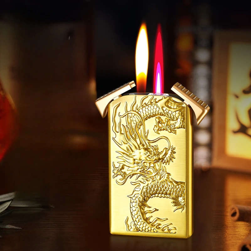

Metal Embossed Dragon Inflatable Lighter Windproof Double Fire Butane Gas Lighter Turbine Torch Jet Lighter Men's Smoking Gift