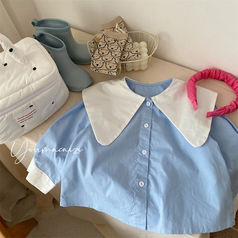 Shirt Top Cute Sweet Spring Autumn New Korean Girl Contrast Color Lapel College Long Sleeve Leisure Active