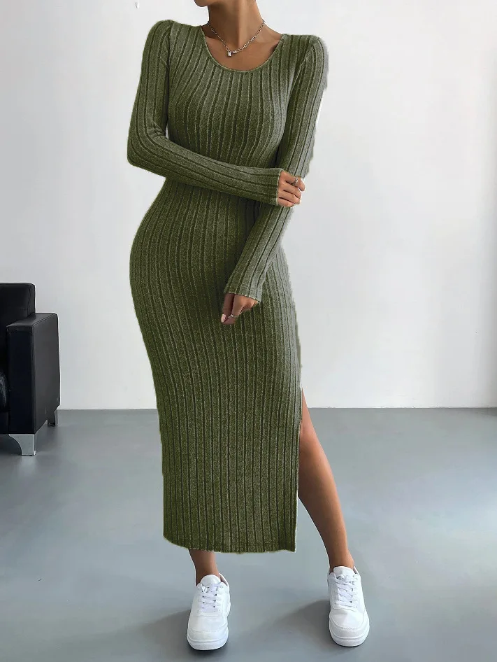 Autumn And Winter Casual Large Size Knitted Dress For Women Sexy Slim Elegant Retro Long Skirt Long Sleeve Round Neck Slit Dress