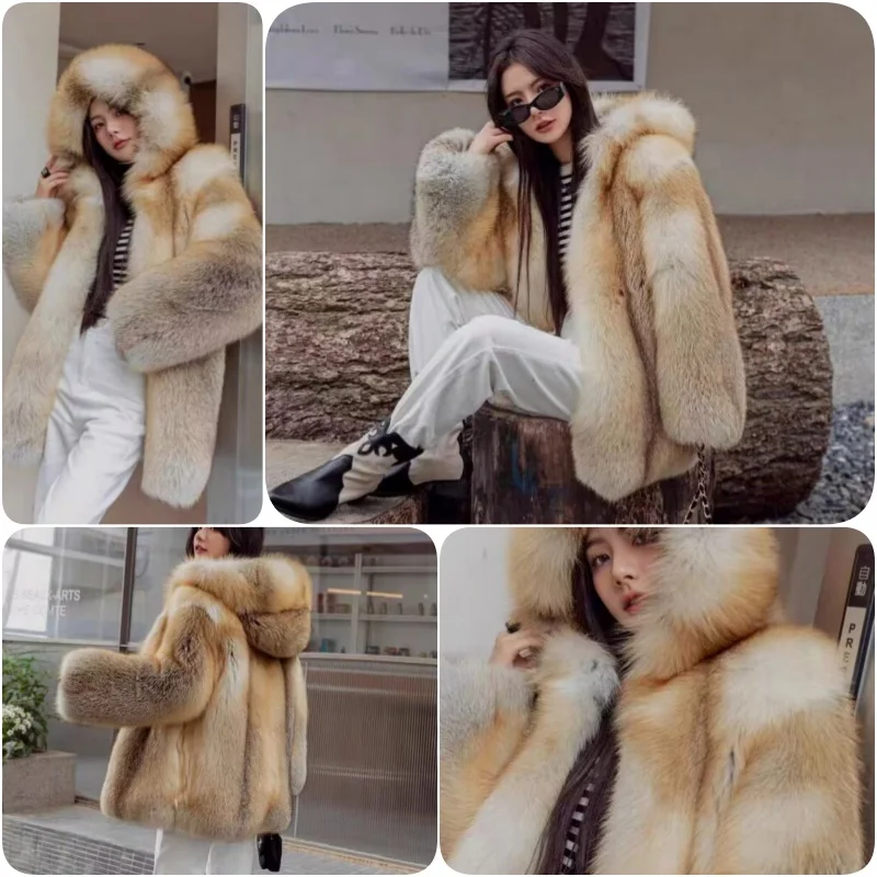 

European and American fashion high-end imported Golden Island fox fur coat womens mid length hooded full leather winter clothing