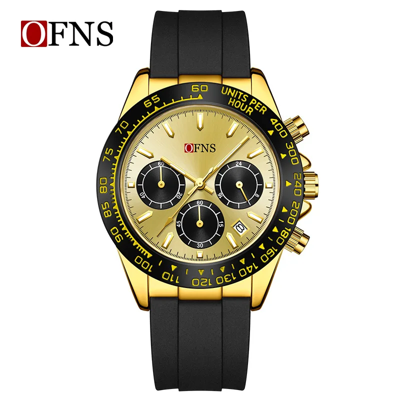 OFNS7103 Men's Quartz Watch with Three Eyes, Six Needles, Fluorescent Scale, Waterproof, Business and Leisure Watch Gift