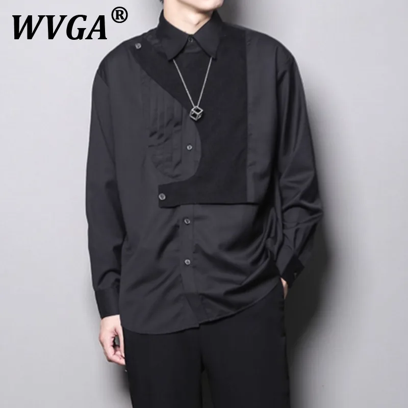 

WVGA Shirts Spring Autumn New Men's Tide Pleated Patchwork Personality Design Niche Chic Casual Long Sleeved Tops Ins Y2K W11249