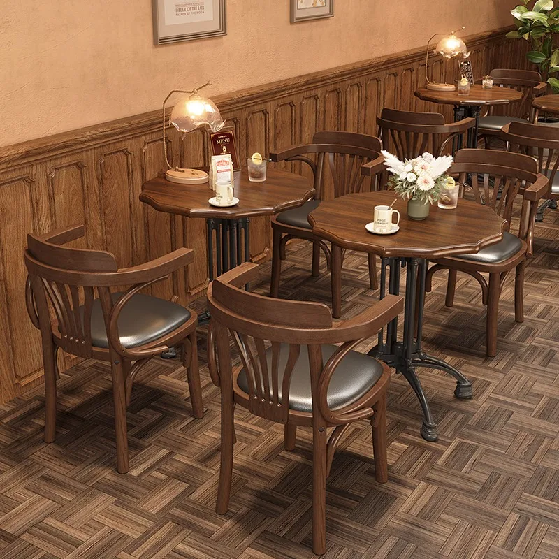 Modern American-style Commercial Dining Tables Chairs Set PU Wood Top for Coffee Shops Western Restaurants Milk Tea Desserts