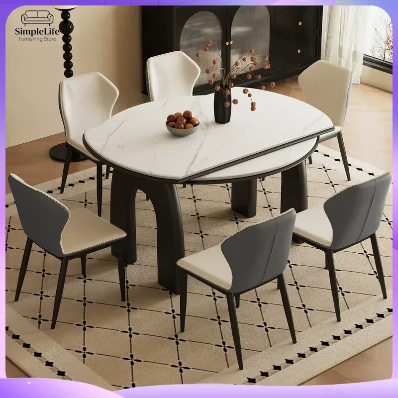 French Retro Solid Wood Dining Table with Sintered Stone Top Extendable Foldable Square to Round Dual Purpose Compact Design