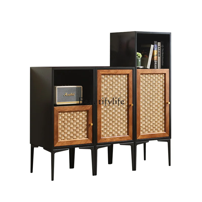 

Solid wood rattan three bucket cabinet small bookcase