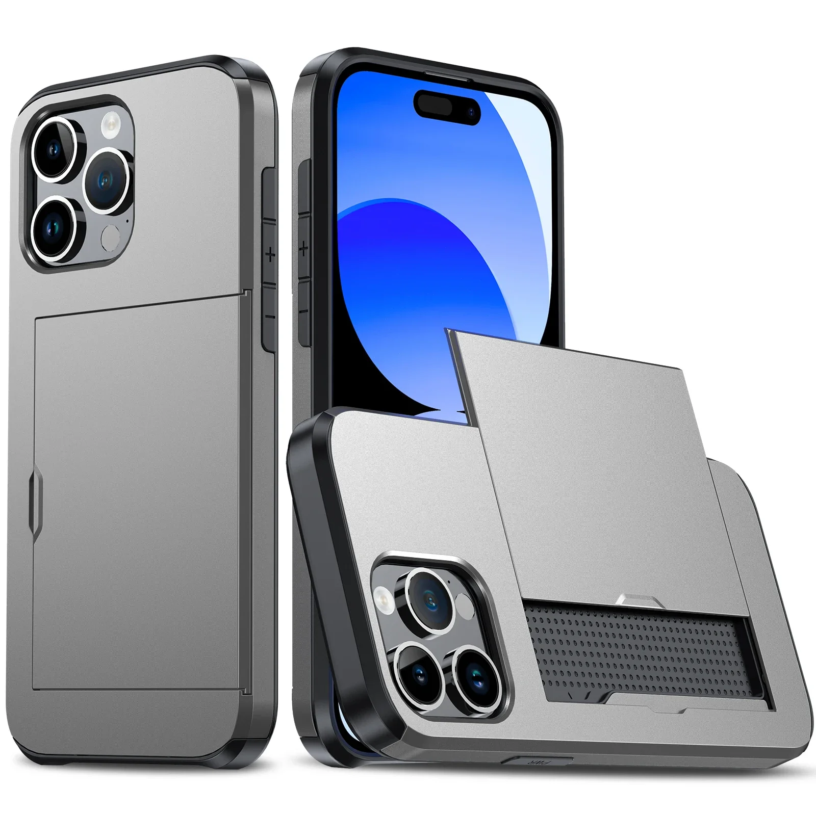 iPhone 17 Pro Max, 16 Pro Max, 17e, 15, 14, 13, 12, 11 hoesje met portemonnee, kaarthouder, schuifvak, dun, hard PC, heavy duty beschermhoes