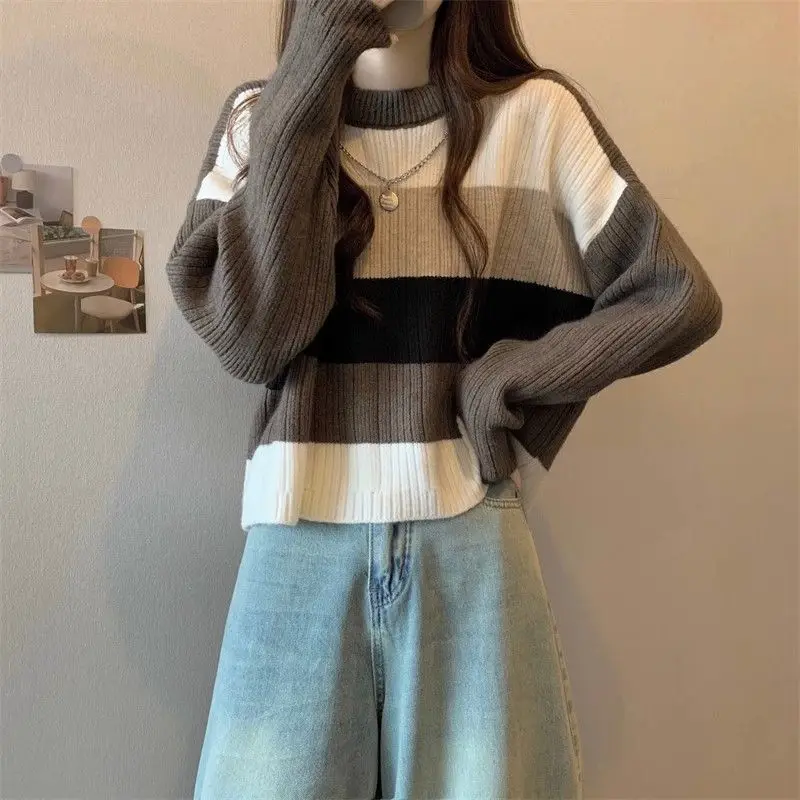 Vintage Contrasting Colors Striped Sweaters Women's Clothing O-Neck Autumn Winter Loose Patchwork Long Sleeve Knitted Jumpers