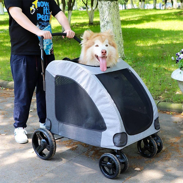 2 Dogs Use With Breathable Mesh Window and  Storage Space Pet Travel Bag Cart Carrier Four-Wheel Pet Stroller For Small Animals