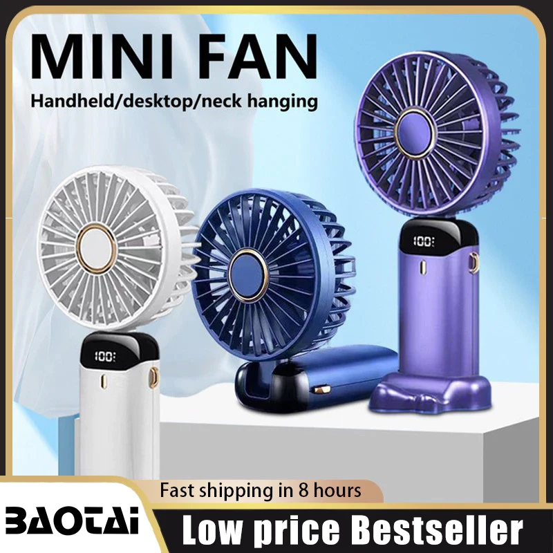 Ventilador Portátil USB BAOTAI, Mini Ventilador Dobrável para Pendurar no Pescoço, Ventilador Recarregável com 5 Velocidades, Suporte para Celular e Tela de Exibição