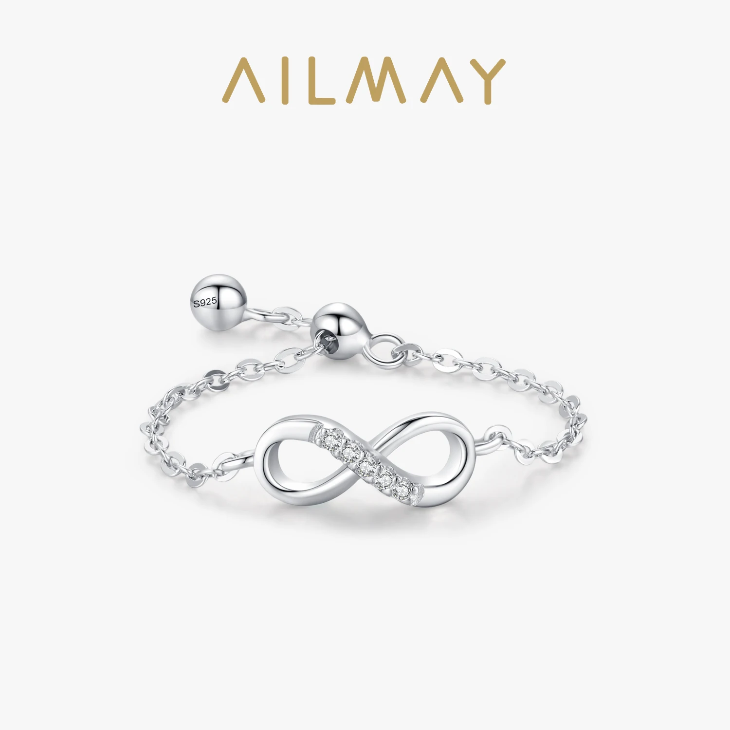 Ailmay 100% Solid 925 Sterling Silver Charm Infinite love Clear Zirconia Chain Link Finger Ring For Women Statement Jewelry Gift