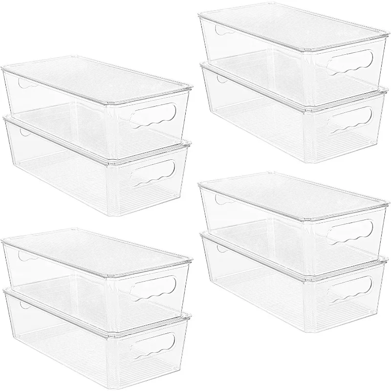 8pcs Clear Organizers and Storage Bins with Lids, Stackable Plastic Storage Containers with Handles for Fridge, Freezer, Pantry