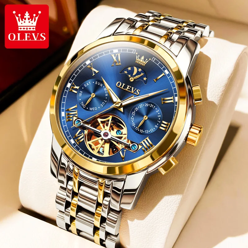 OLEVS 6617 Original Men Watch Luxury Skeleton Hollow Flywheel Automatic Watch for Men Calendar Waterproof Moon Phase Wristwatch