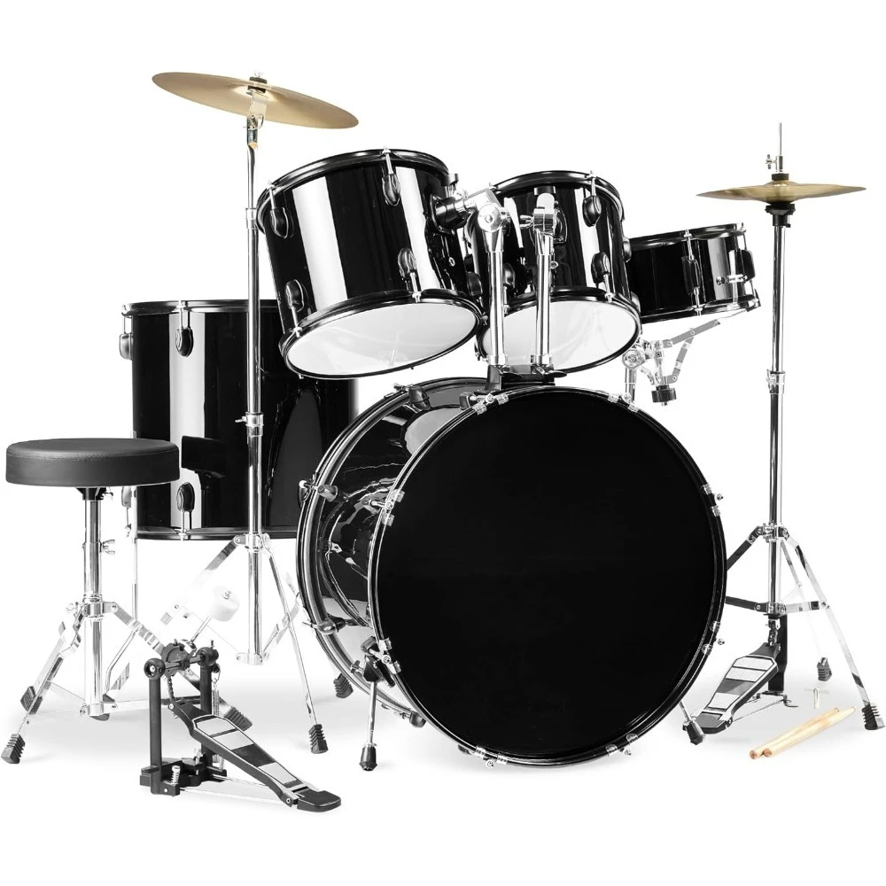

5-Piece Full Size Complete Adult Drum Set w/Cymbal Stands, Stool, Drum Pedal, Sticks, Floor Tom