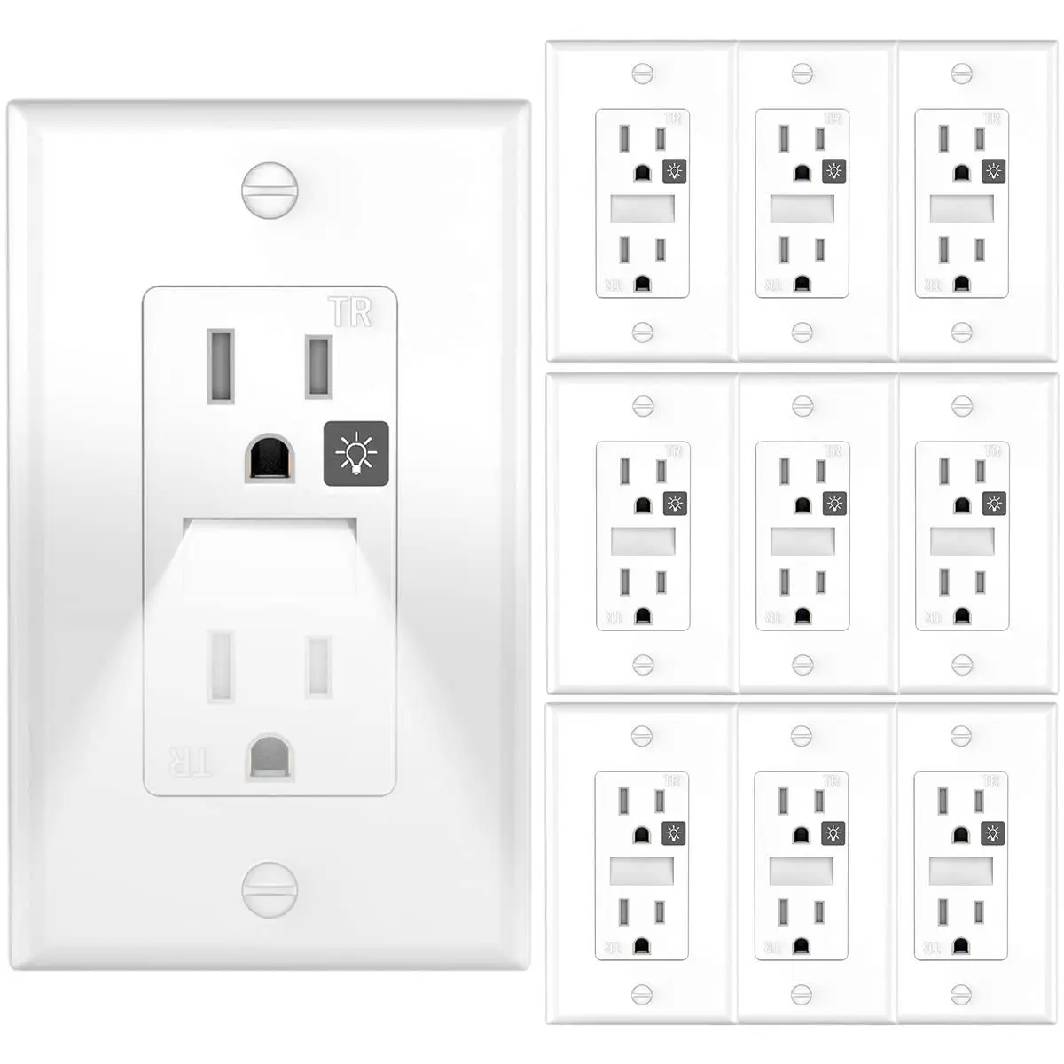 

White Tamper-Resistant Outlet with Night Light, 15A 125V, 10-Pack for Home Safety and Convenience