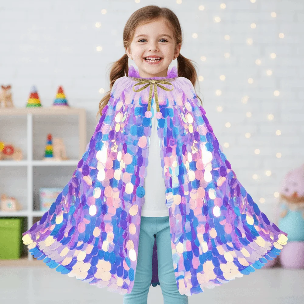 Cute Birthday Party Dress Up Mermaid Sequin Cape Dress Prop Gift Sequined Clothes Princess Sequins Shawl Children