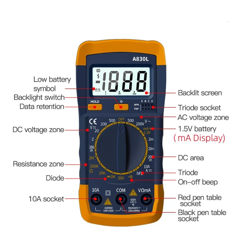 

A830L LCD Digital Multimeter AC DC Voltage Diode Freguency Multitester Current Tester Luminous Display with Buzzer Function