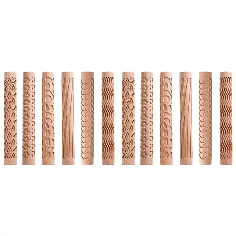 

【THANKSGIVING DAY】12Pcs Clay Modeling Pattern Rollers, Texture Rollers For Clay Wooden Handle Pottery Tools Stars Wood Wave