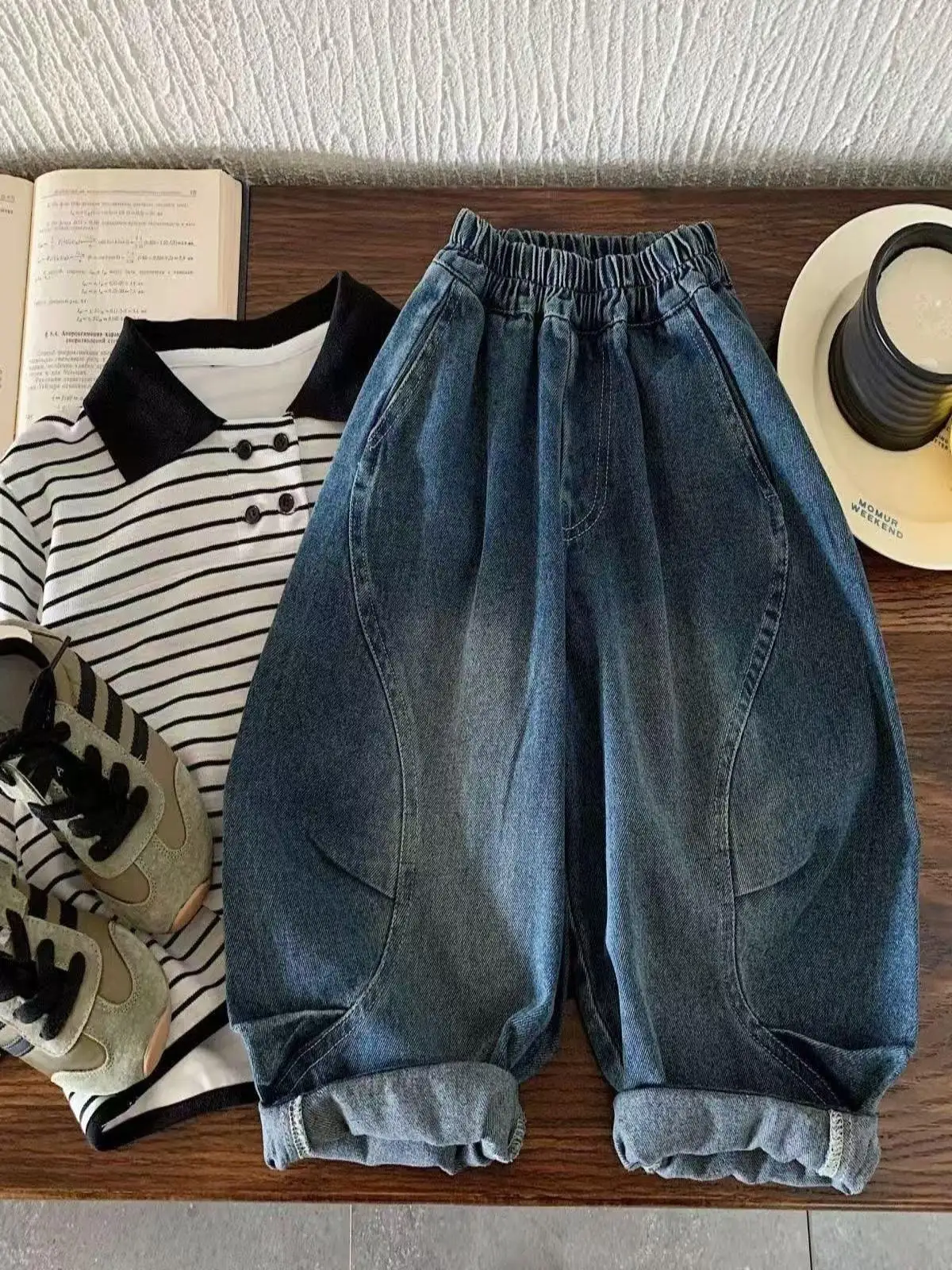 Calças Jeans Infantis Soltas, Calças Longas Estilo Primavera Outono para Meninos e Meninas, Leggings Casuais e Modernas com P...