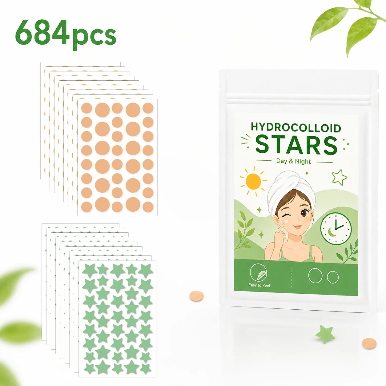 684PCS Hydrocolloid Pimple Patches, Green Star & Skin Tone Round Face Stickers for Men Women, Day Night Party Use