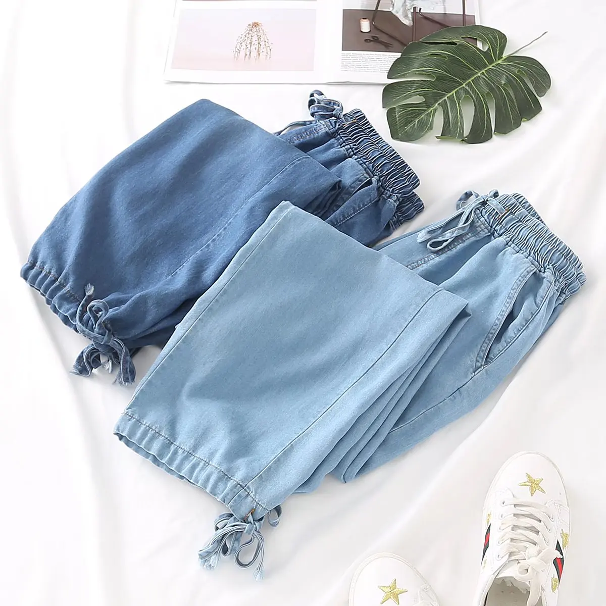 

Summer Thin Ice Silk Jeans 2023 New Women's Lace Up Loose Halen Pants Korean Fashion Soft Denim Cropped Trousers