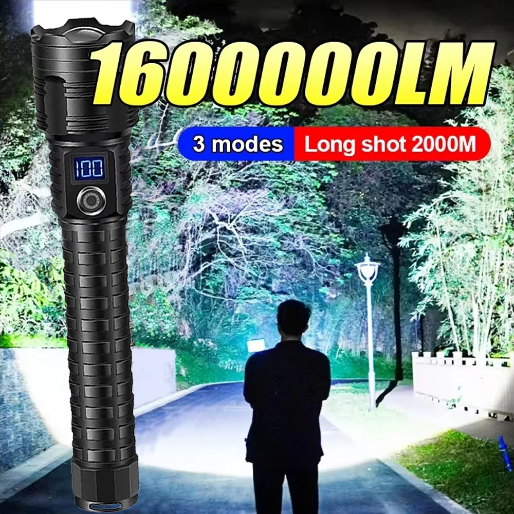 

1600000LM Ultra Powerful Flashlight Rechargeable 800W LED Flashlights High Power Zoom Torch Long Range 2000m Tactical Lantren