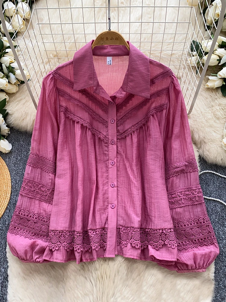 

Women Shirt French Embroidery Lace Flare Sleeves Versatile Shirt Spring Blouse Cardigan Loose Long-sleeved Top Female BL369