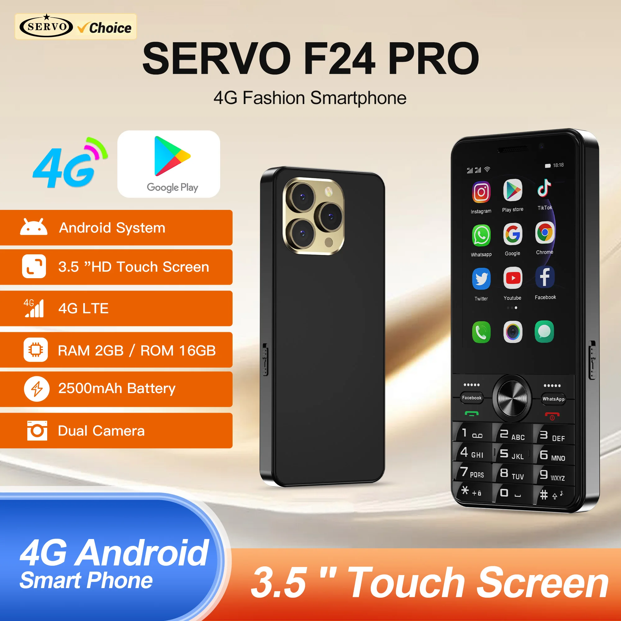 SERVO F24 PRO Touch Screen Smartphone 4G Network Android System Google Play Torch WiFi Dual SIM 3.5
