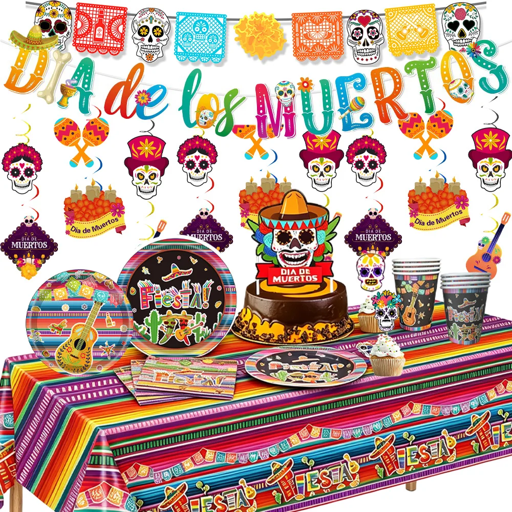 Mexikanisches Tag der Toten Fiesta Einweg-Geschirrset Teller Becher Servietten Tischdecke Banner Mexikanische Fiesta Halloween Party Dekoration