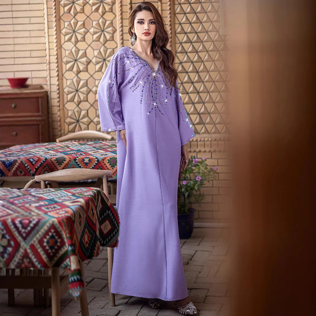

Lilac purple heavy industry hand-sewn rhinestone dress arabic robe foreign trade women's clothing temperament classic luxury sim