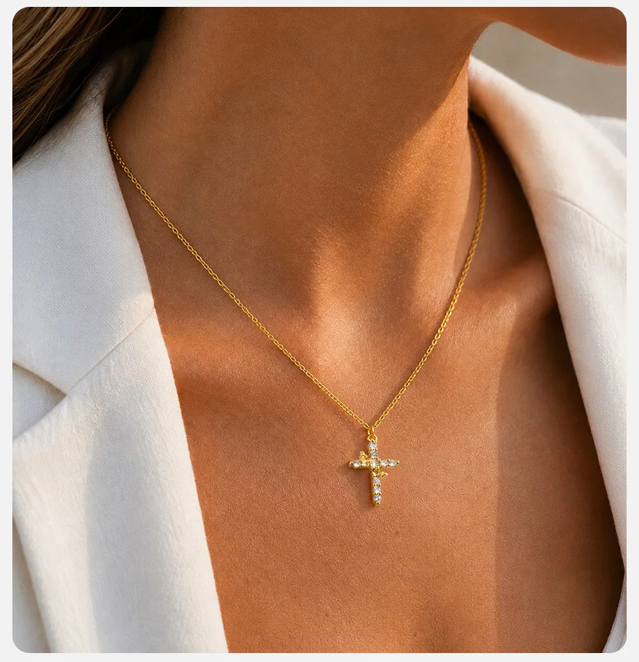 Vnox Drehbare Kronen-Kreuz-Halskette für Frauen 18K Vergoldeter Drehbarer Zirkon-Kreuz-Anhänger Halskette Christlicher Gebetsschmuck – Detail 3