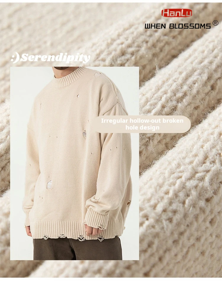 HANLU 2025 Spring Fashion New Vintage Loose Hole Breaking Design Sweaters Solid Knitted Jumper Men  Hip Hop Oversized Pullover