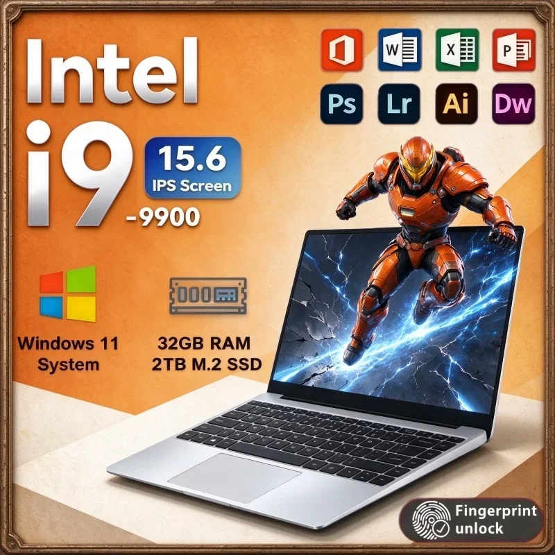 Intel I9 9900 15.6 Inch High Speed Notebook Win11 32GB RAM 2TB SSD Fingerprint Unlock Portable Laptop For Video Editing Study