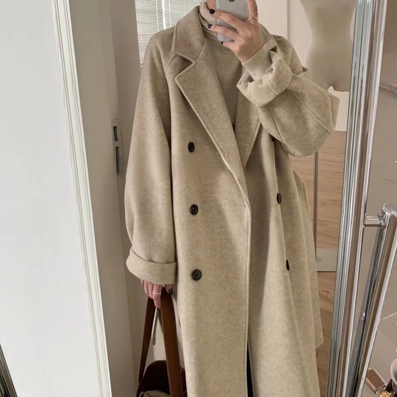 2023 New Woolen Coat Women Long Autumn Winter Herben Style Small Man Loose Everything Commuter Thickened Tweed Trench Coat