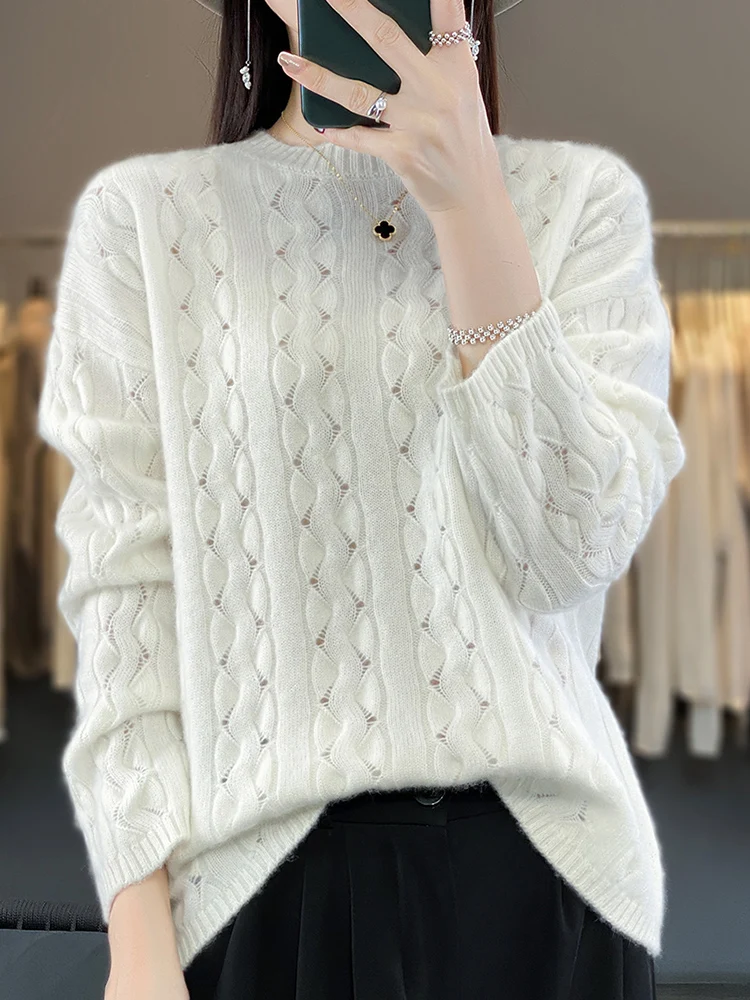 Women Wool Sweater High Quality Hollow Water Ripple 100% Merino Wool Knitwear Autumn Winter Thick Female Grace Pullover Top