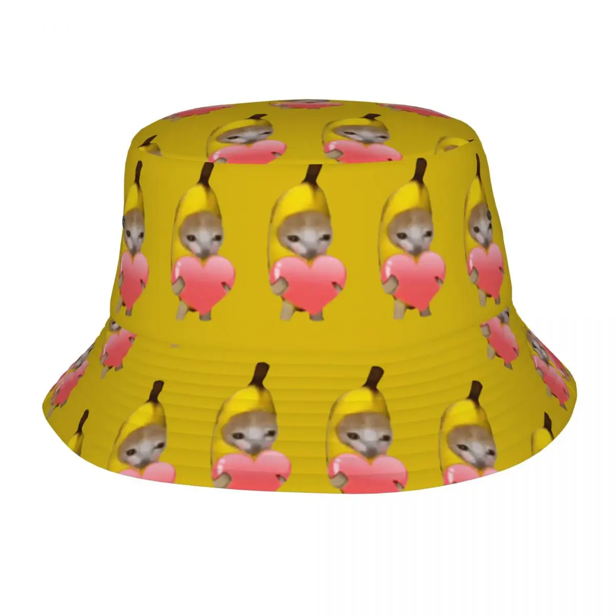 Harajuku Banana Cat Love Heart Bucket Hat For Unisex Foldable Kawaii Bob Hat Spring Headwear