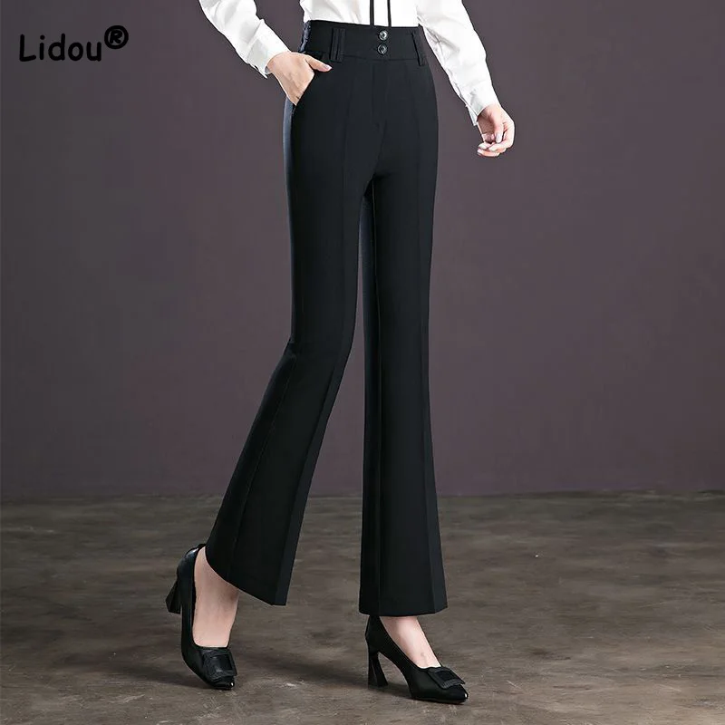 New 2023 Spring Summer Womens Button Pockets Black Versatile Trousers Office Lady Splicing Zipper High Waist Micro Horn Pants