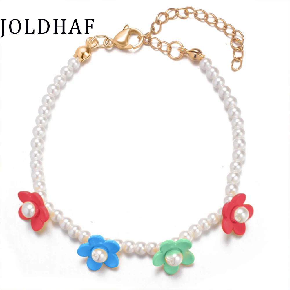 New Fashion Pearl Bracelets For Women Colorful Flower Charm Bracelets Enamel Bangle Lobster Clasp Bohemian Jewelry Gift