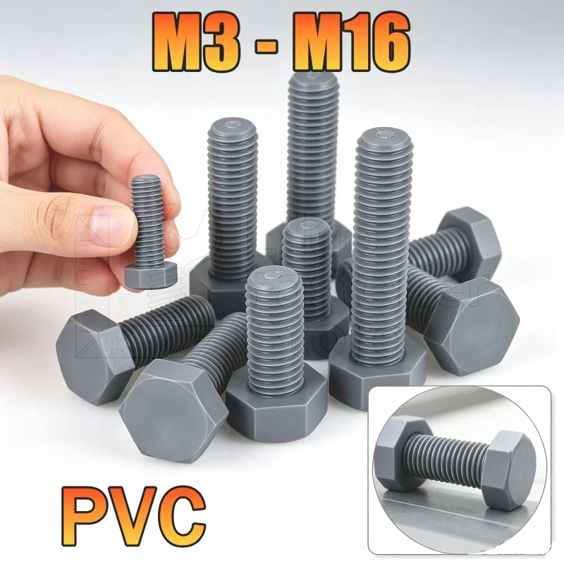 M3 M4 M5 M6 M8 M10 M12 M14 M16 Grey PVC Plastic Hexagonal Screws Nylon External Hex Head Screws Bolts Acid and Alkali Resistance