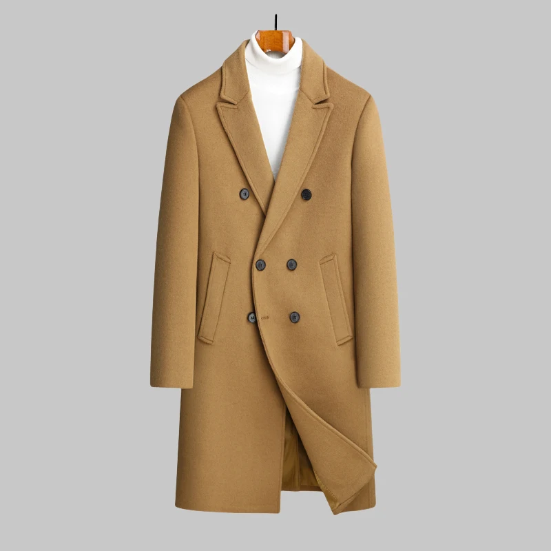 

Wool Trench Coat For Men Atutumn Winter Long Warm Solid Color Double Breasted Luxury Wool Blends-Overcoat Tops Coats Clothing