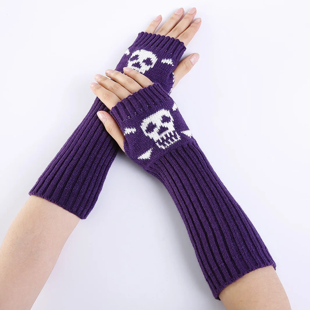 Guantes térmicos con diseño de calavera para hombre y mujer, calentadores de muñeca tejidos con medio dedo, manga abombada, moda, otoño e invierno