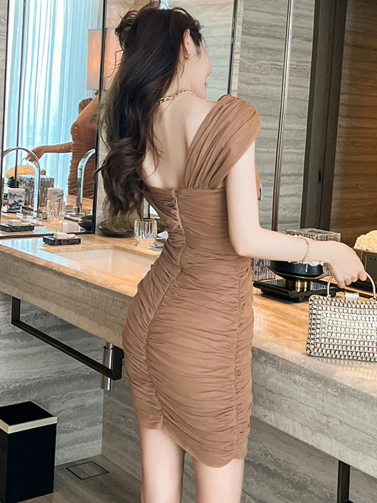 Robe de soirée courte en maille pour femmes, élégante, Sexy, épaules dénudées, moulante, Slim, Mini fête, extensible, été