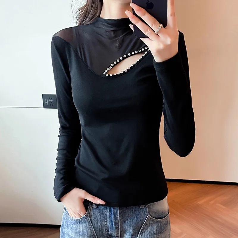 

Новая женская футболка с полувысоким воротником, сетчатая футболка с бисером, осень-зима, тонкая блузка с длинными рукавами, топы